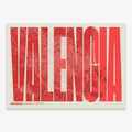 Decorative map of Valencia and letters of its name in a giclée print designed in red and an off-white background