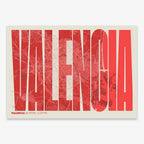 Decorative map of Valencia and letters of its name in a giclée print designed in red and an off-white background