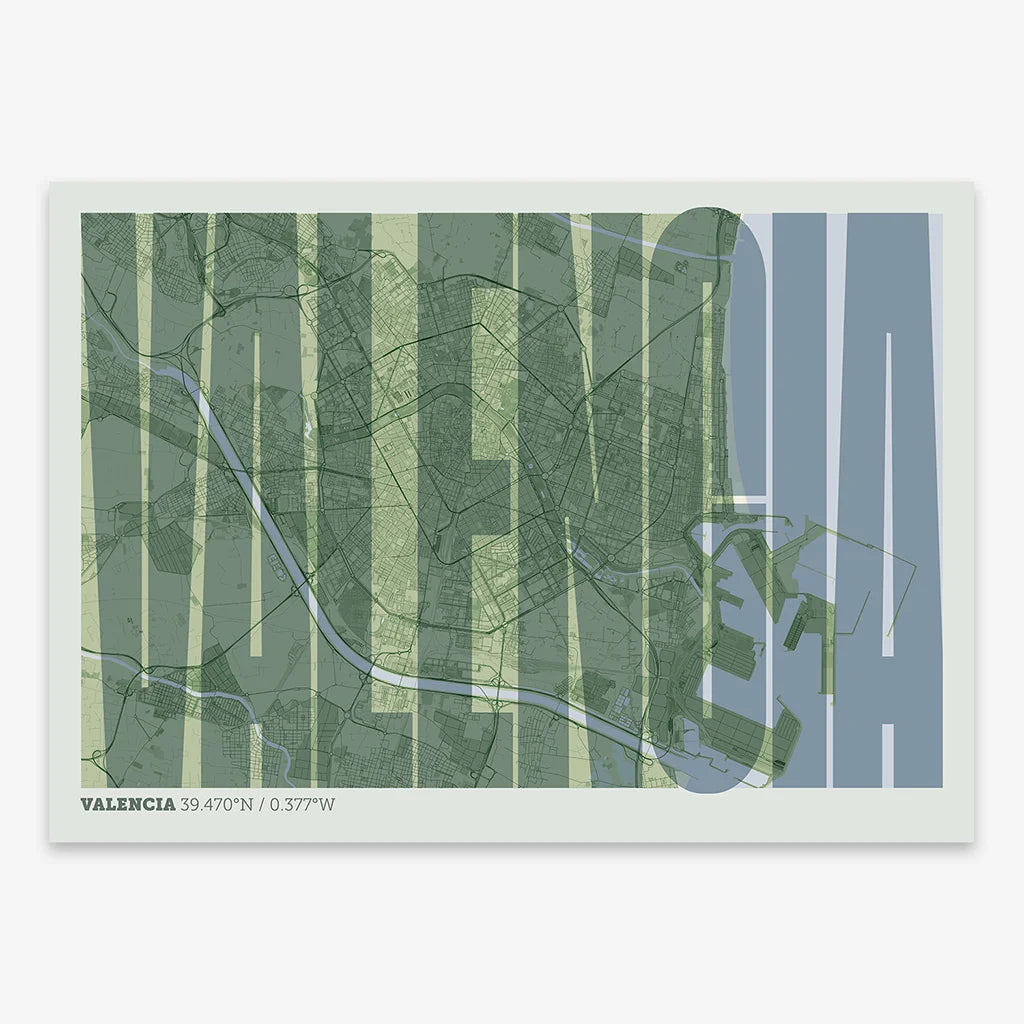Decorative map of Valencia and letters of its name in a giclée print designed in two green tones