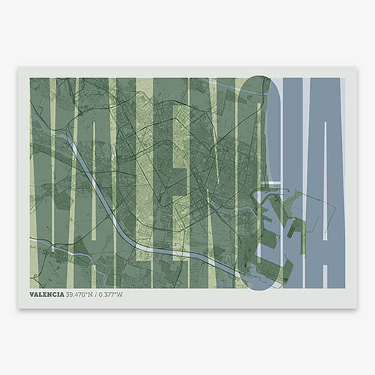 Decorative map of Valencia and letters of its name in a giclée print designed in two green tones
