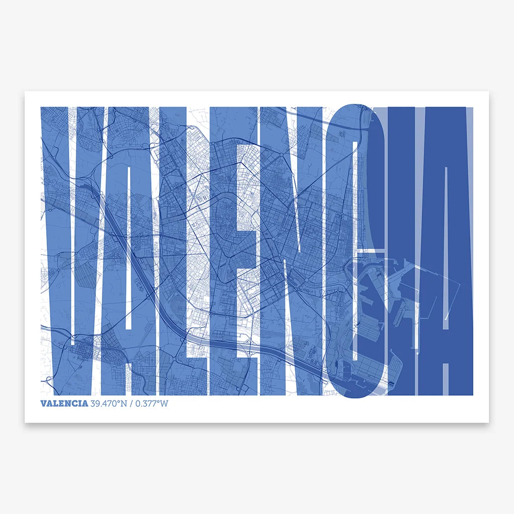 Decorative map of Valencia and letters of its name in a giclée print designed in navy blue and white
