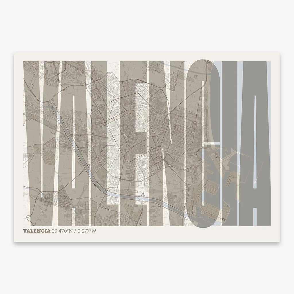 Decorative map of Valencia and letters of its name in a giclée print designed in light brown and an off-white background