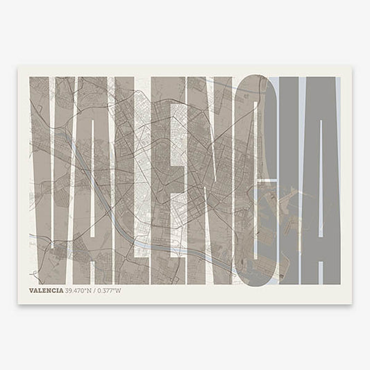 Decorative map of Valencia and letters of its name in a giclée print designed in light brown and an off-white background