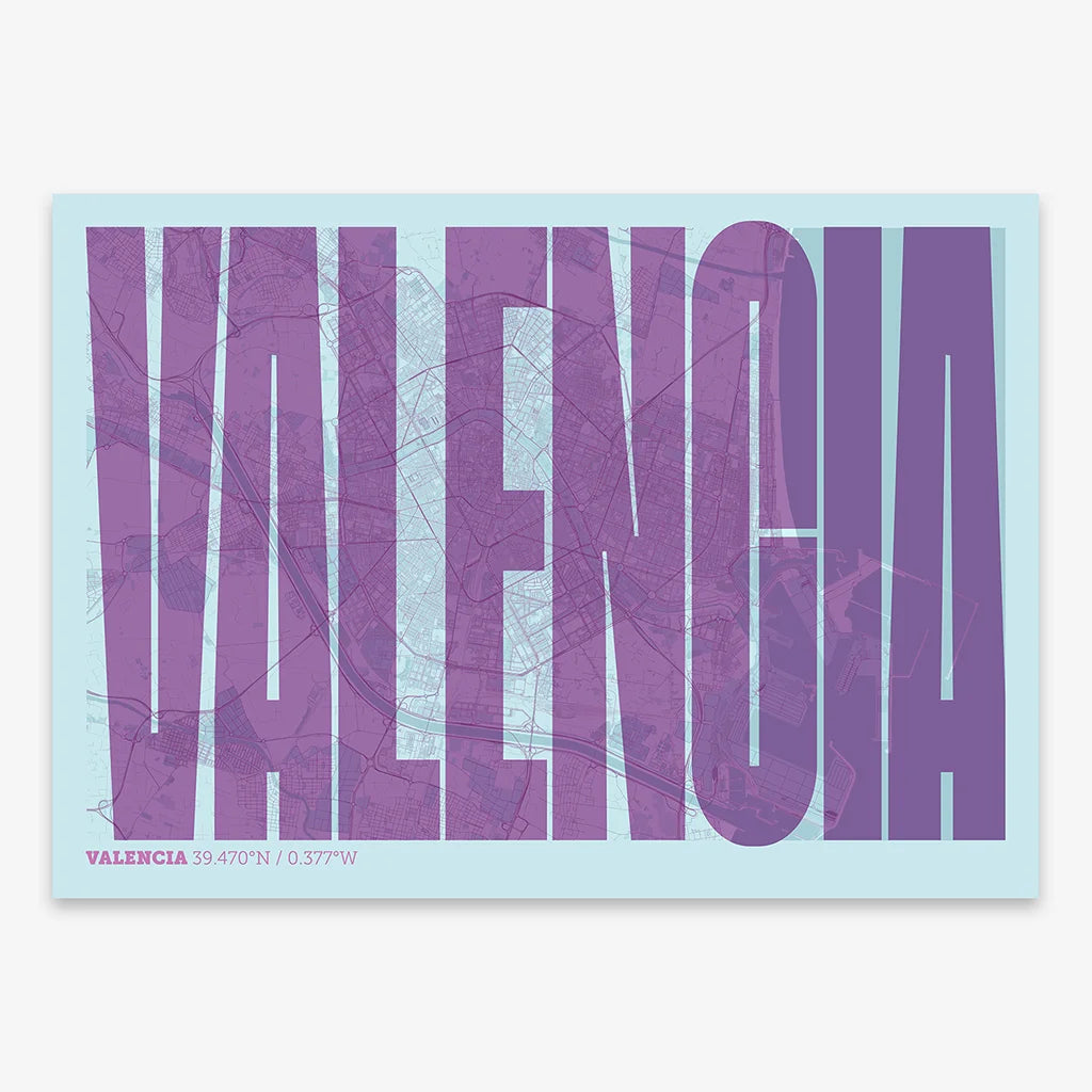 Decorative map of Valencia and letters of its name in a giclée print designed in purple and light blue