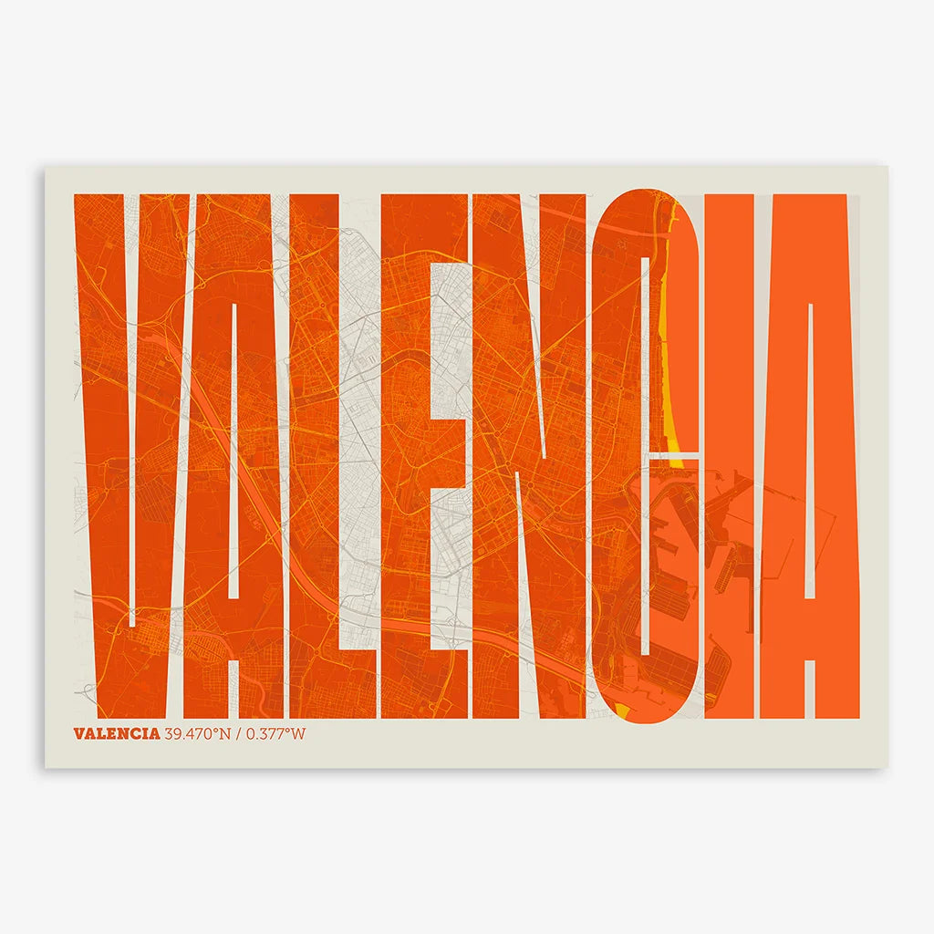 Decorative map of Valencia and letters of its name in a giclée print designed in orange and an off-white background