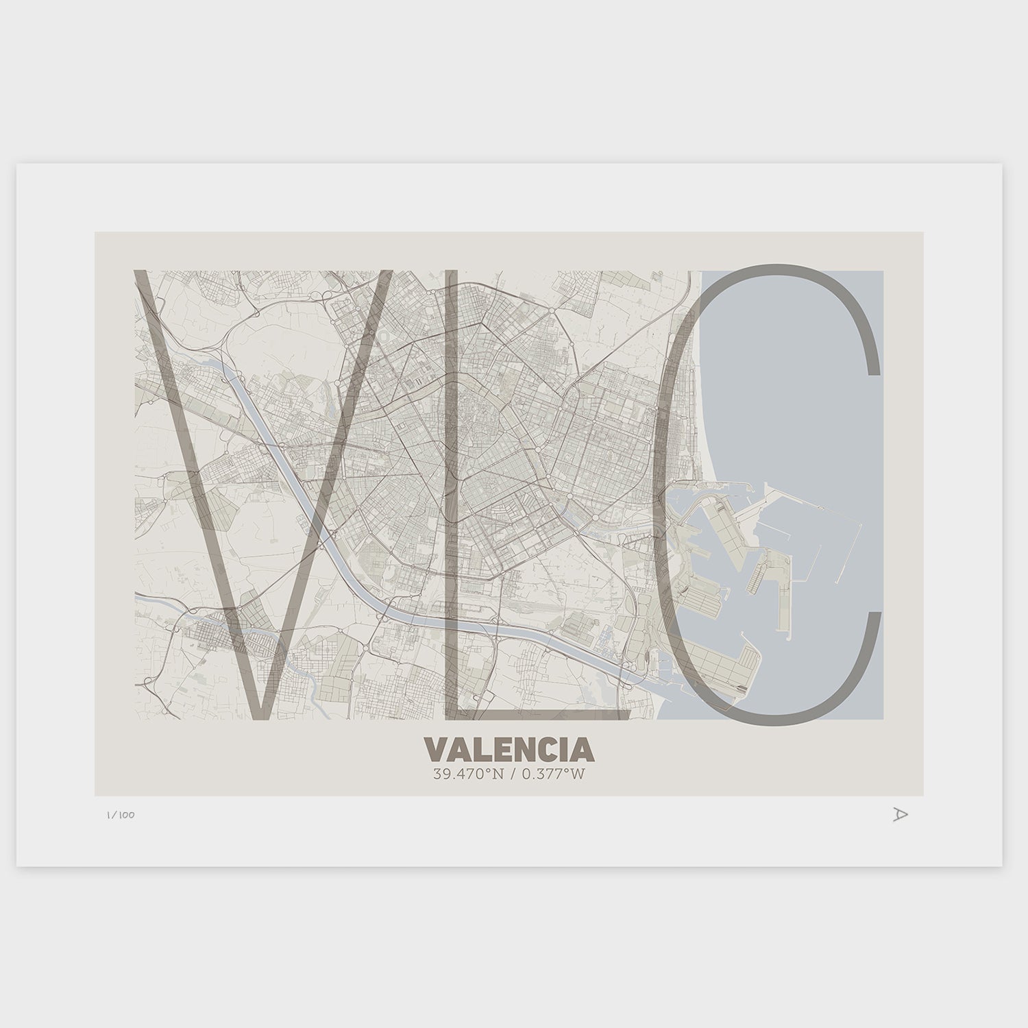 Lámina tipográfica de Valencia – diseño Ultrafina, sin marco sobre papel