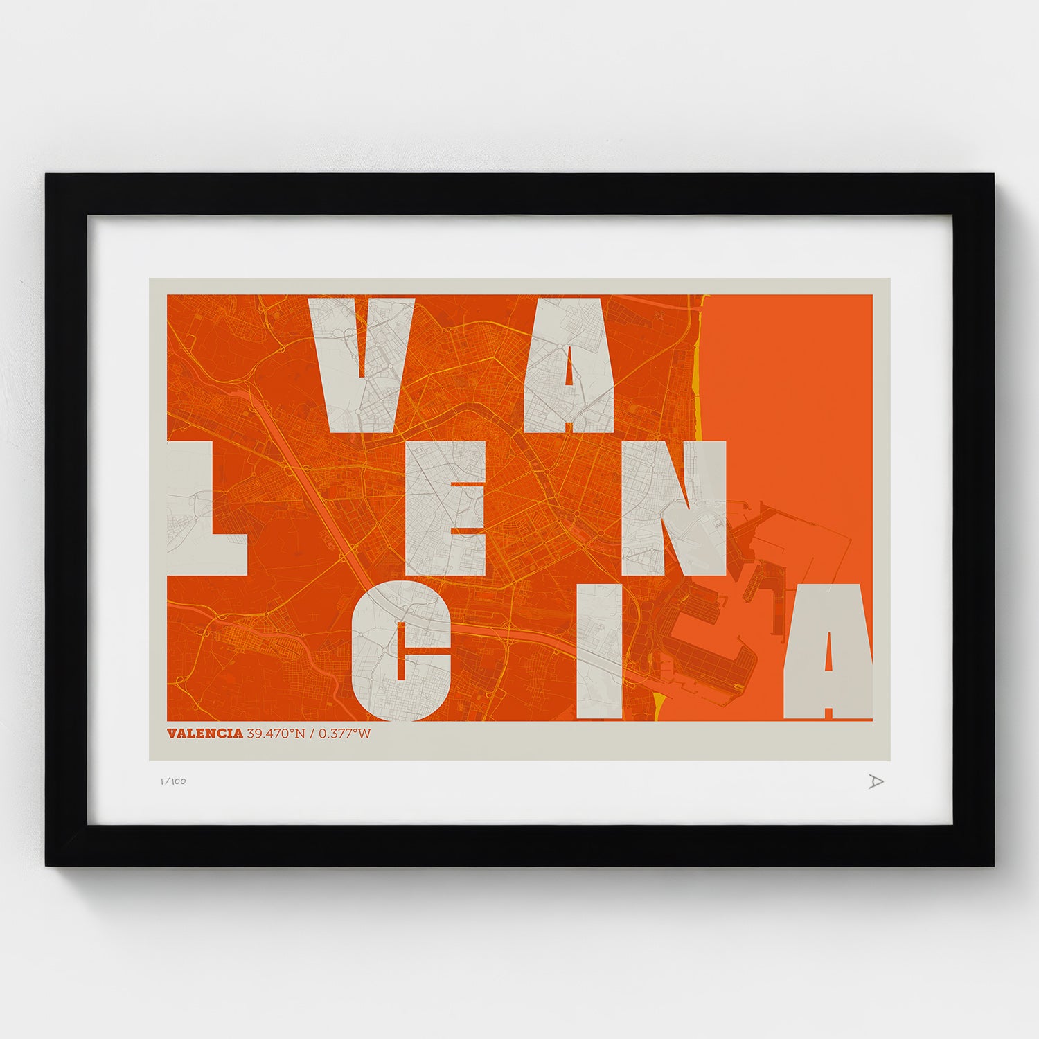 Lámina tipográfica de Valencia – diseño Revoltosa, marco negro