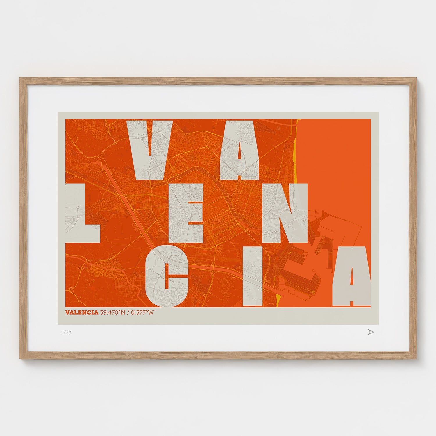 Lámina tipográfica de Valencia – diseño Revoltosa, marco de madera natural