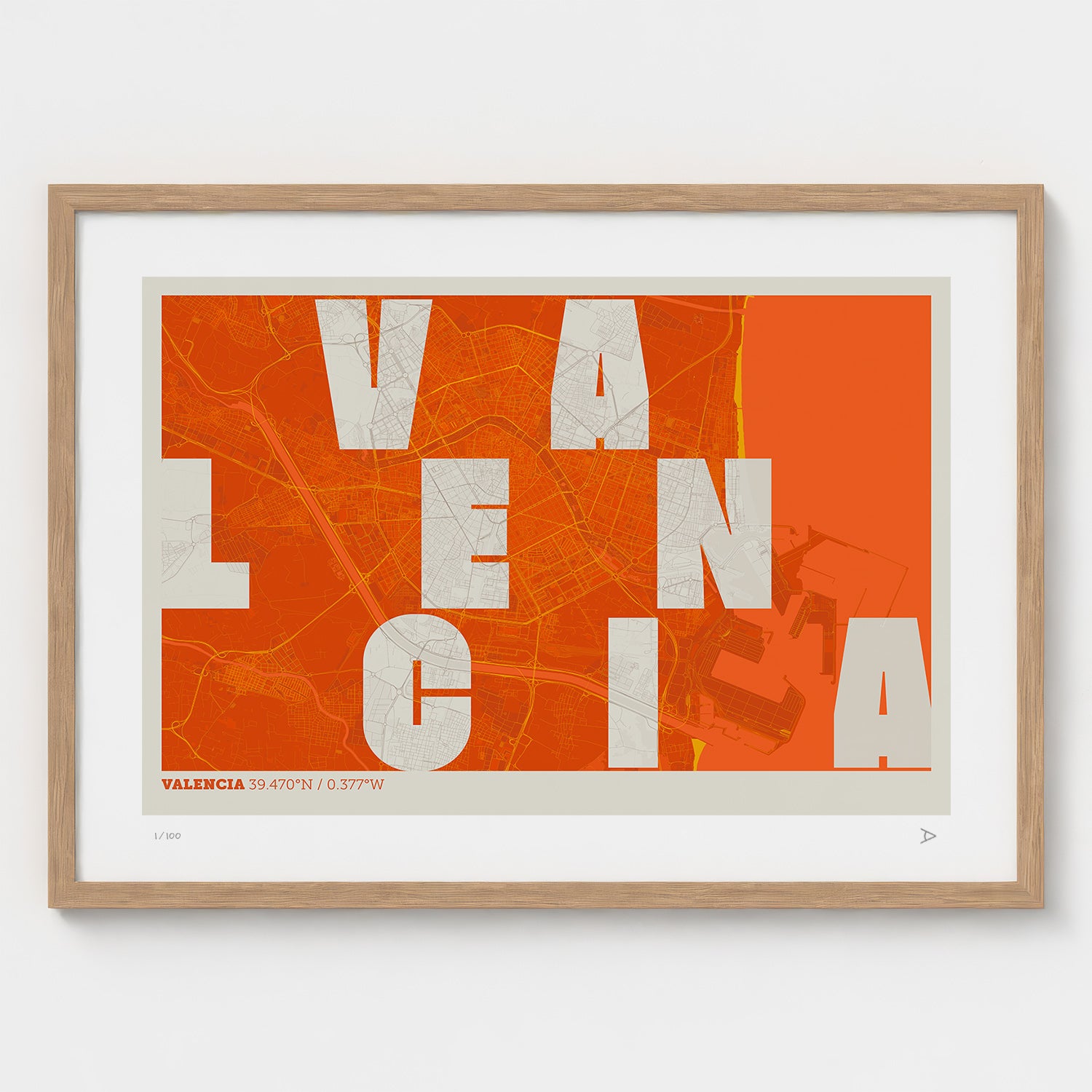 Lámina tipográfica de Valencia – diseño Revoltosa, marco de madera natural