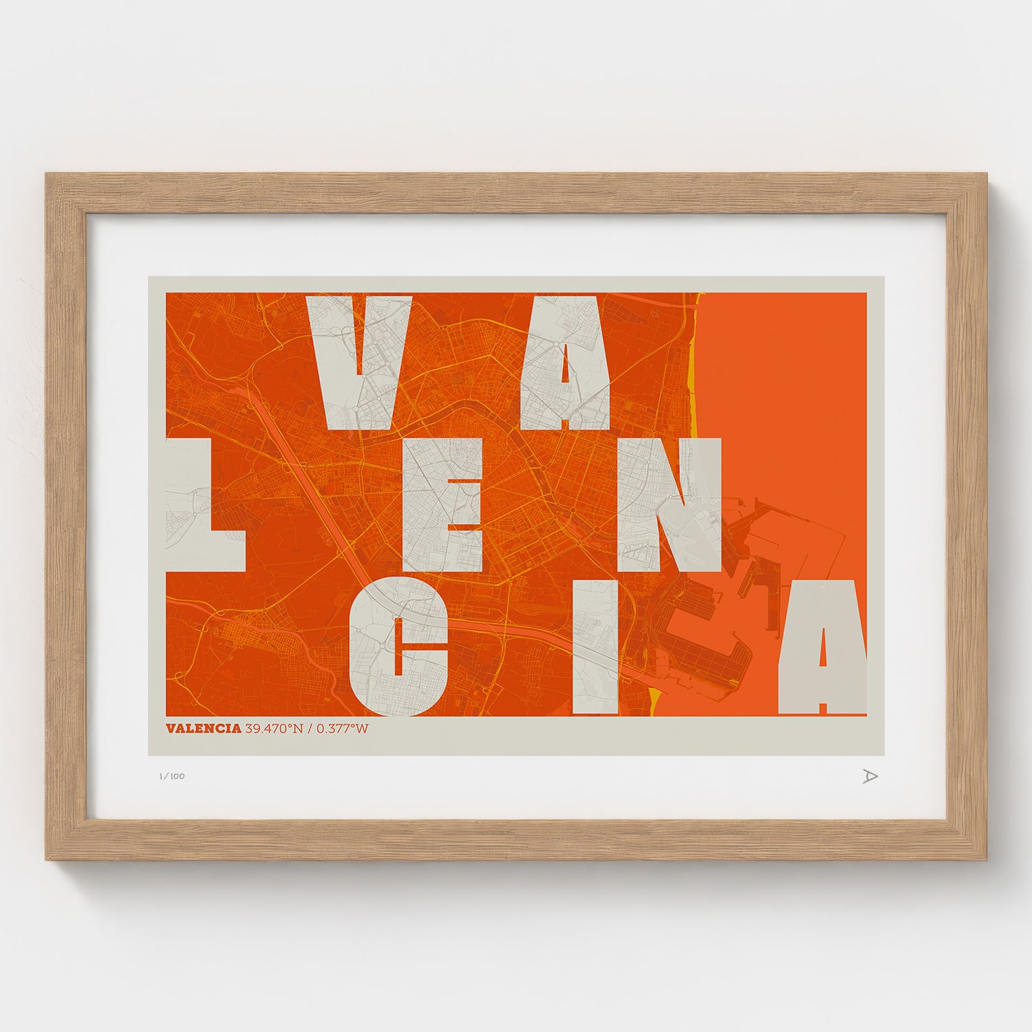 Lámina tipográfica de Valencia – diseño Revoltosa, marco de madera natural