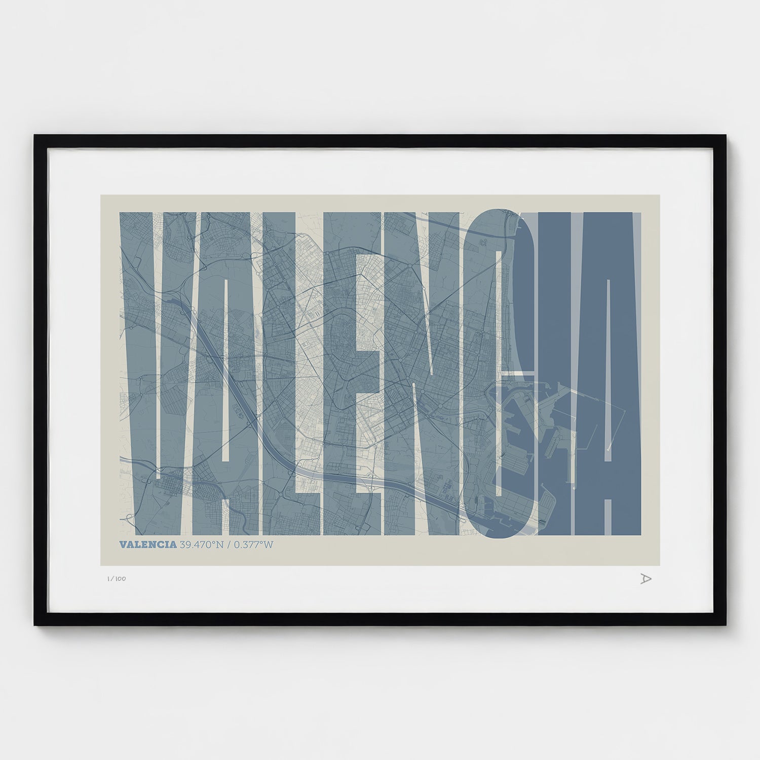 Lámina tipográfica de Valencia – diseño Extra Comprimida, marco negro