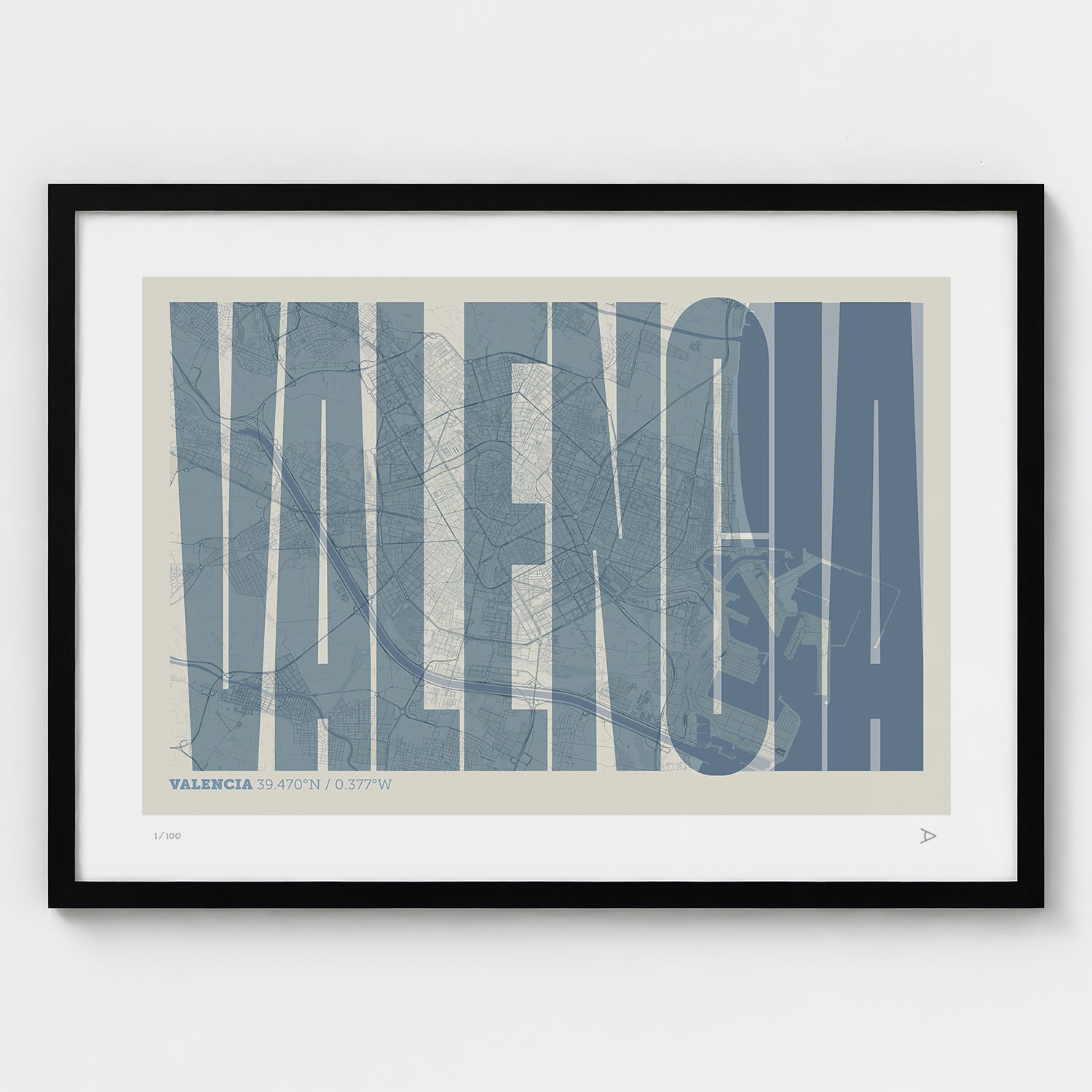 Lámina tipográfica de Valencia – diseño Extra Comprimida, marco negro