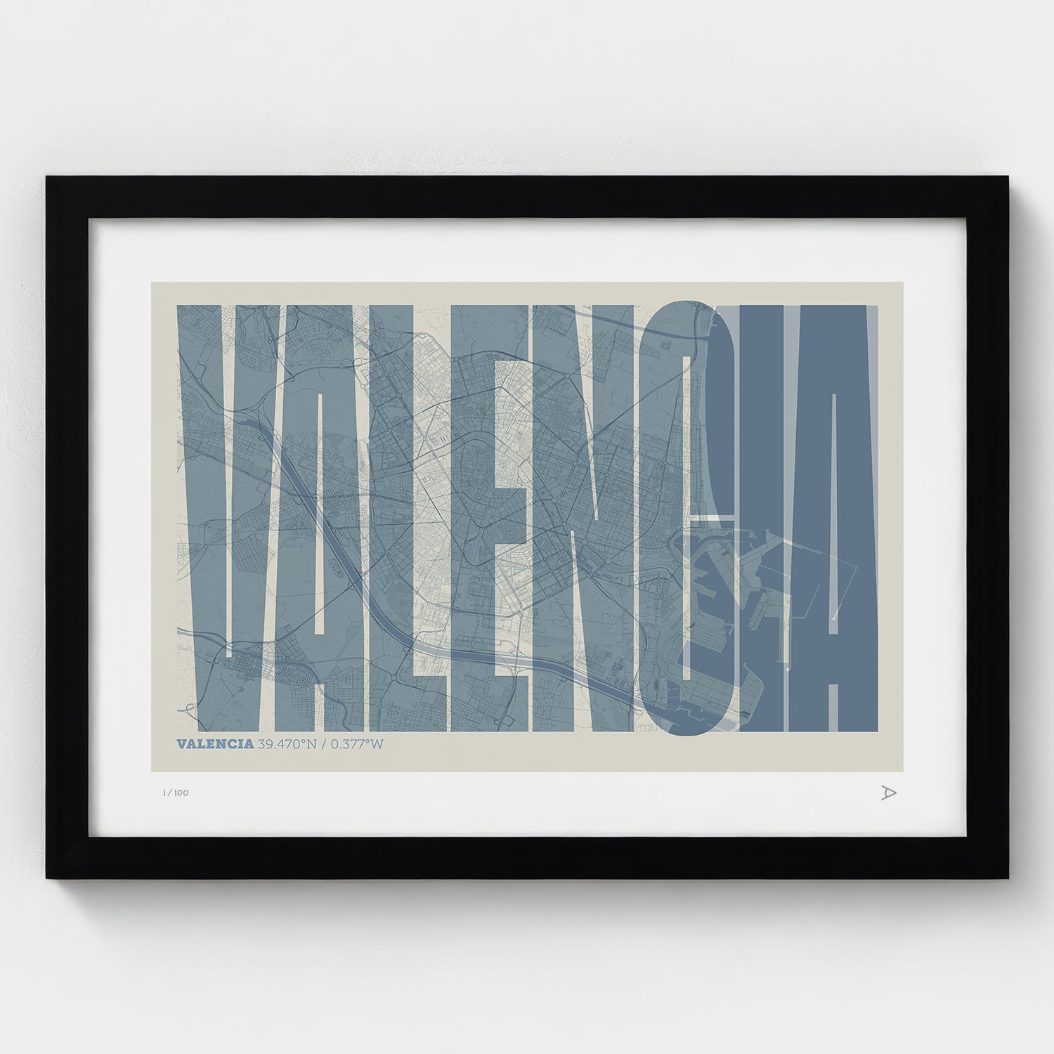 Lámina tipográfica de Valencia – diseño Extra Comprimida, marco negro