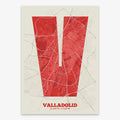 Decorative print of Valladolid composed with letters in a heavy geometric font printed on red and an off-white background