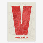 Decorative print of Valladolid composed with letters in a heavy geometric font printed on red and an off-white background