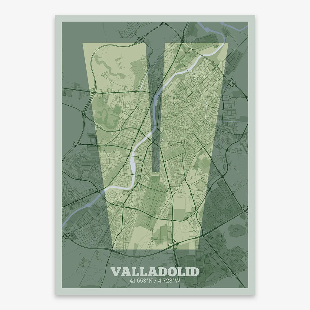 Decorative print of Valladolid composed with letters in a heavy geometric font printed on two green tones