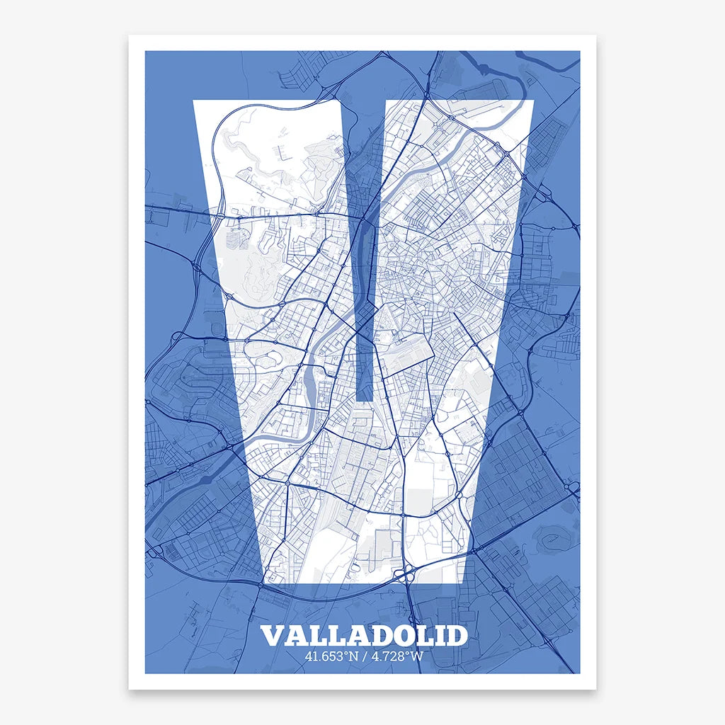 Decorative print of Valladolid composed with letters in a heavy geometric font printed on navy blue and white