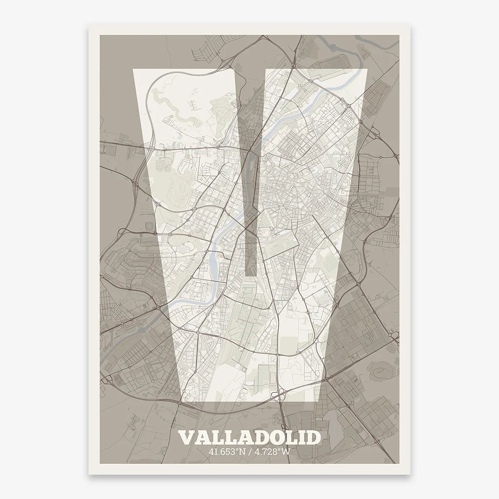Decorative print of Valladolid composed with letters in a heavy geometric font printed on light brown and an off-white background