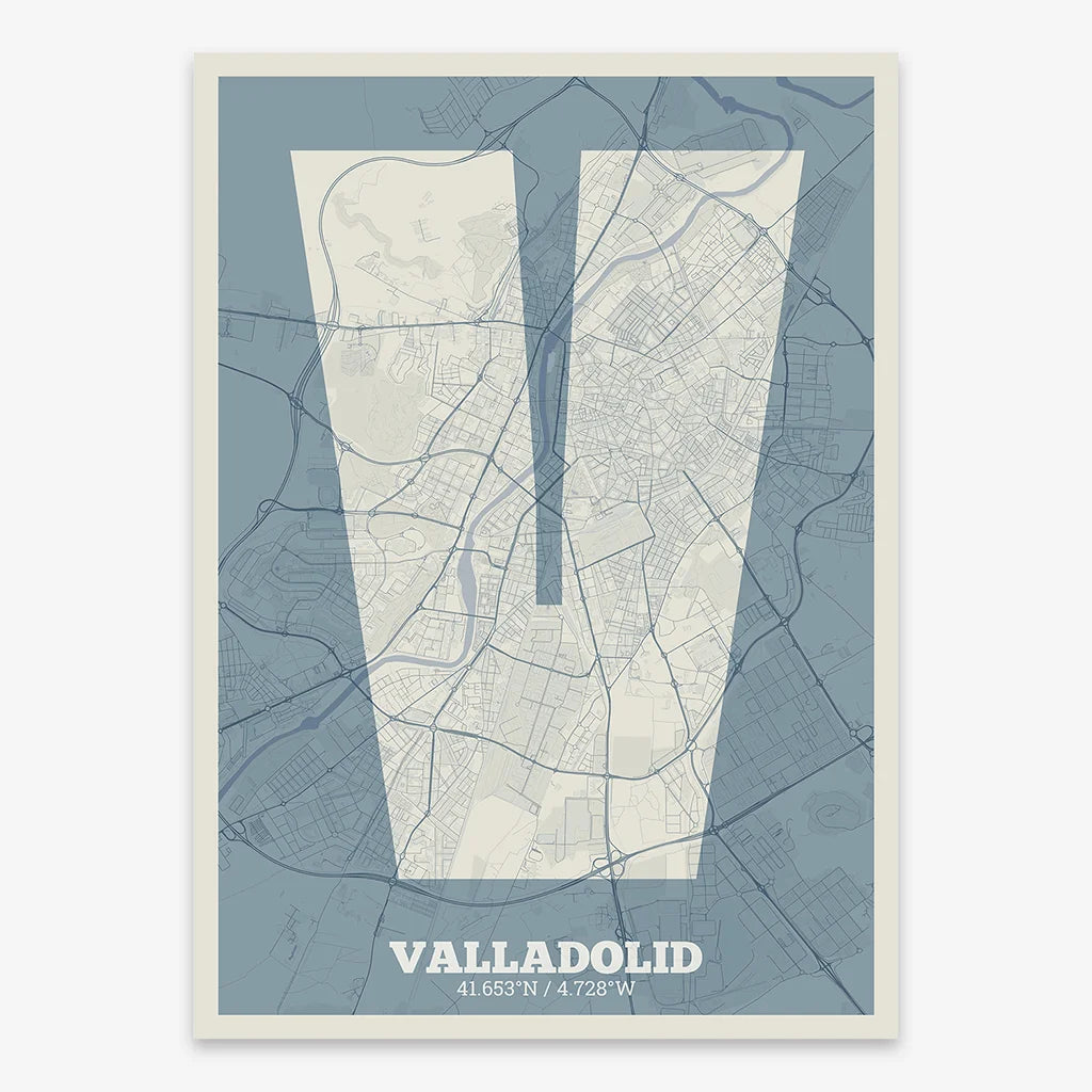 Decorative print of Valladolid composed with letters in a heavy geometric font printed on bluish gray and an off-white background
