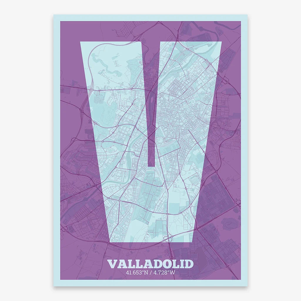 Decorative print of Valladolid composed with letters in a heavy geometric font printed on purple and light blue
