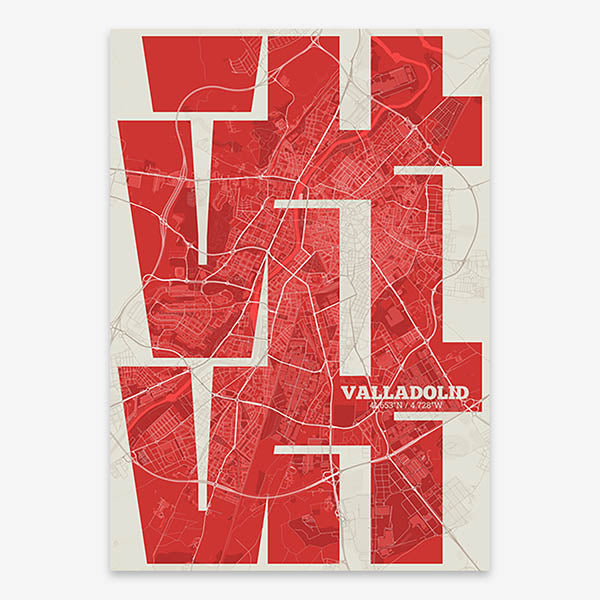 Poster of Valladolid composed with letters from its abbreviation or its airport IATA code printed on red and an off-white background