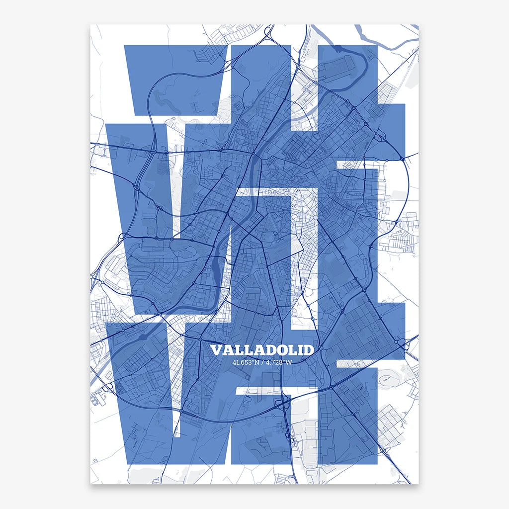 Poster of Valladolid composed with letters from its abbreviation or its airport IATA code printed on navy blue and white