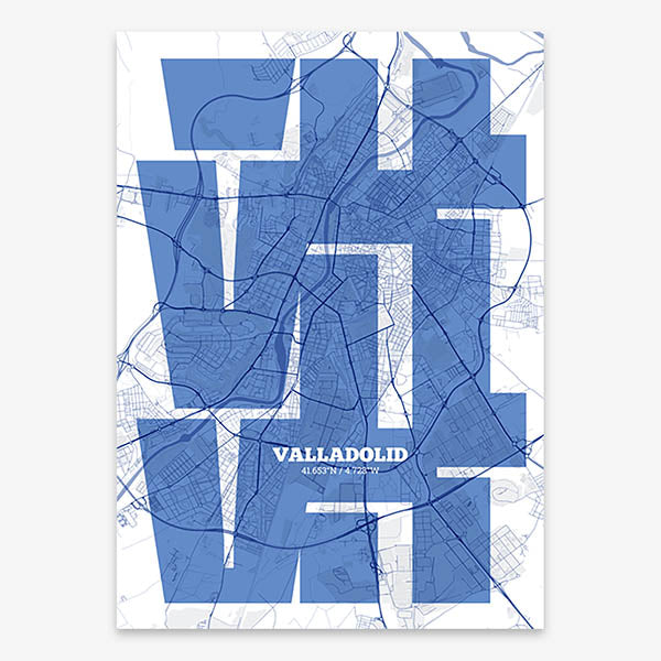 Poster of Valladolid composed with letters from its abbreviation or its airport IATA code printed on navy blue and white