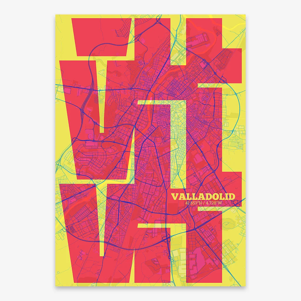 Poster of Valladolid composed with letters from its abbreviation or its airport IATA code printed on yellow and fuchsia