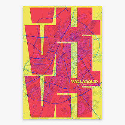 Poster of Valladolid composed with letters from its abbreviation or its airport IATA code printed on yellow and fuchsia
