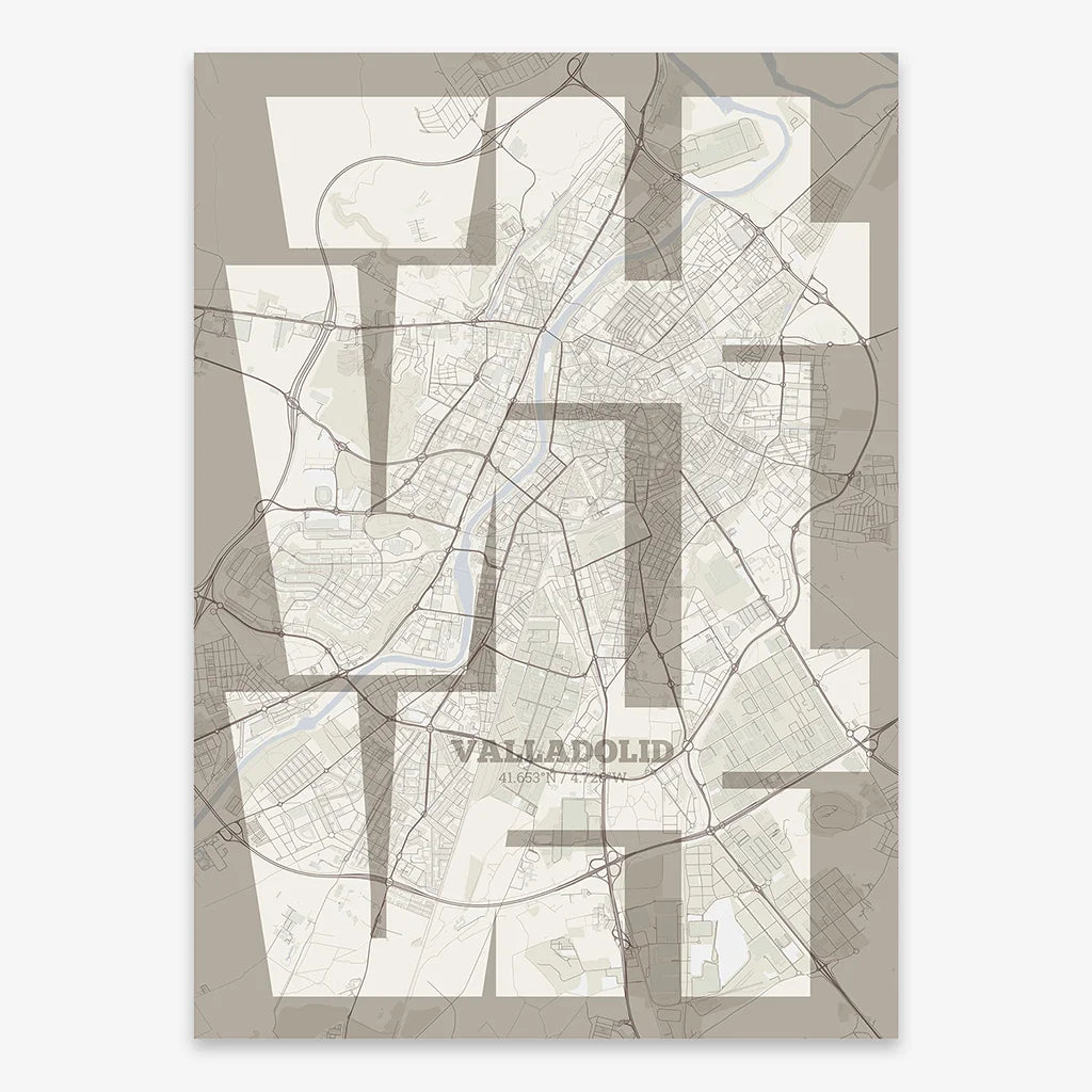 Poster of Valladolid composed with letters from its abbreviation or its airport IATA code printed on light brown and an off-white background
