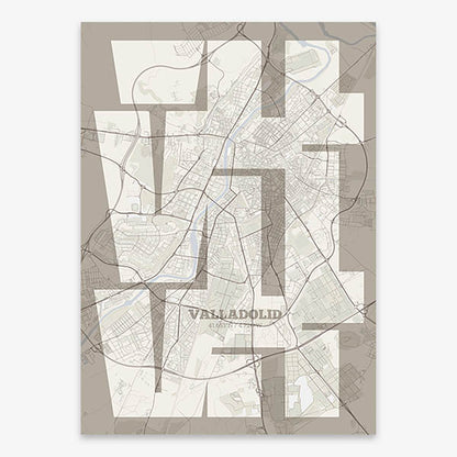 Poster of Valladolid composed with letters from its abbreviation or its airport IATA code printed on light brown and an off-white background
