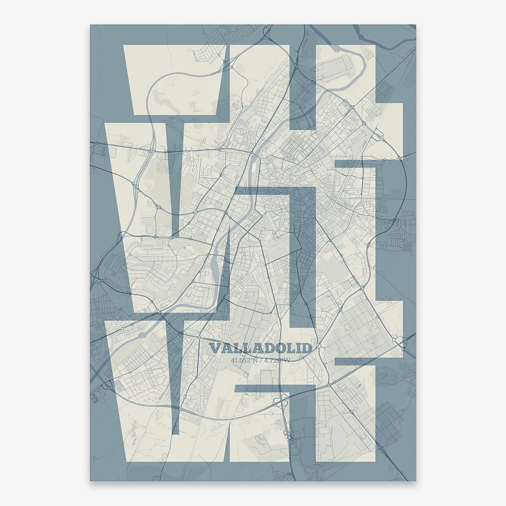 Poster of Valladolid composed with letters from its abbreviation or its airport IATA code printed on bluish gray and an off-white background