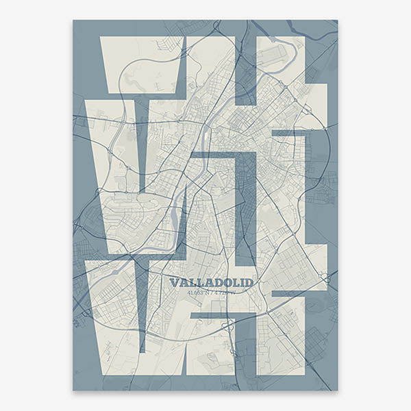 Poster of Valladolid composed with letters from its abbreviation or its airport IATA code printed on bluish gray and an off-white background