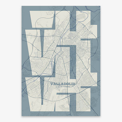 Poster of Valladolid composed with letters from its abbreviation or its airport IATA code printed on bluish gray and an off-white background