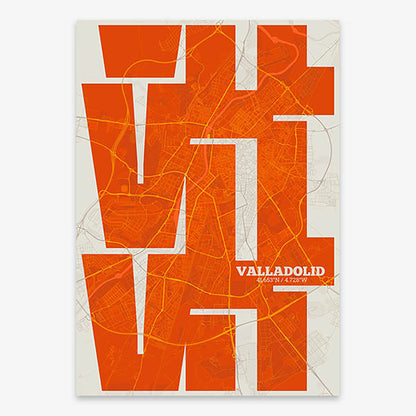 Poster of Valladolid composed with letters from its abbreviation or its airport IATA code printed on orange and an off-white background