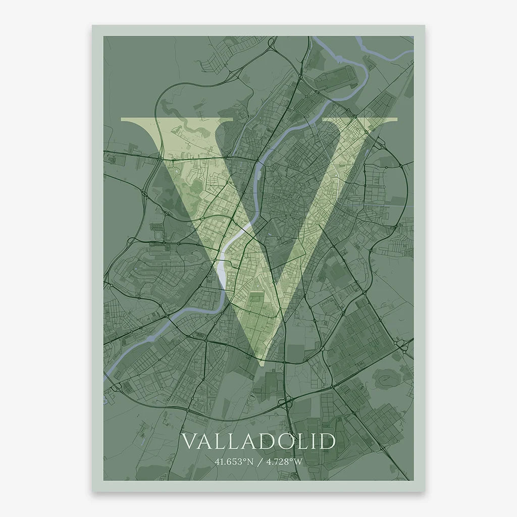 Decorative map of Valladolid composed with letters in serif font printed on two green tones