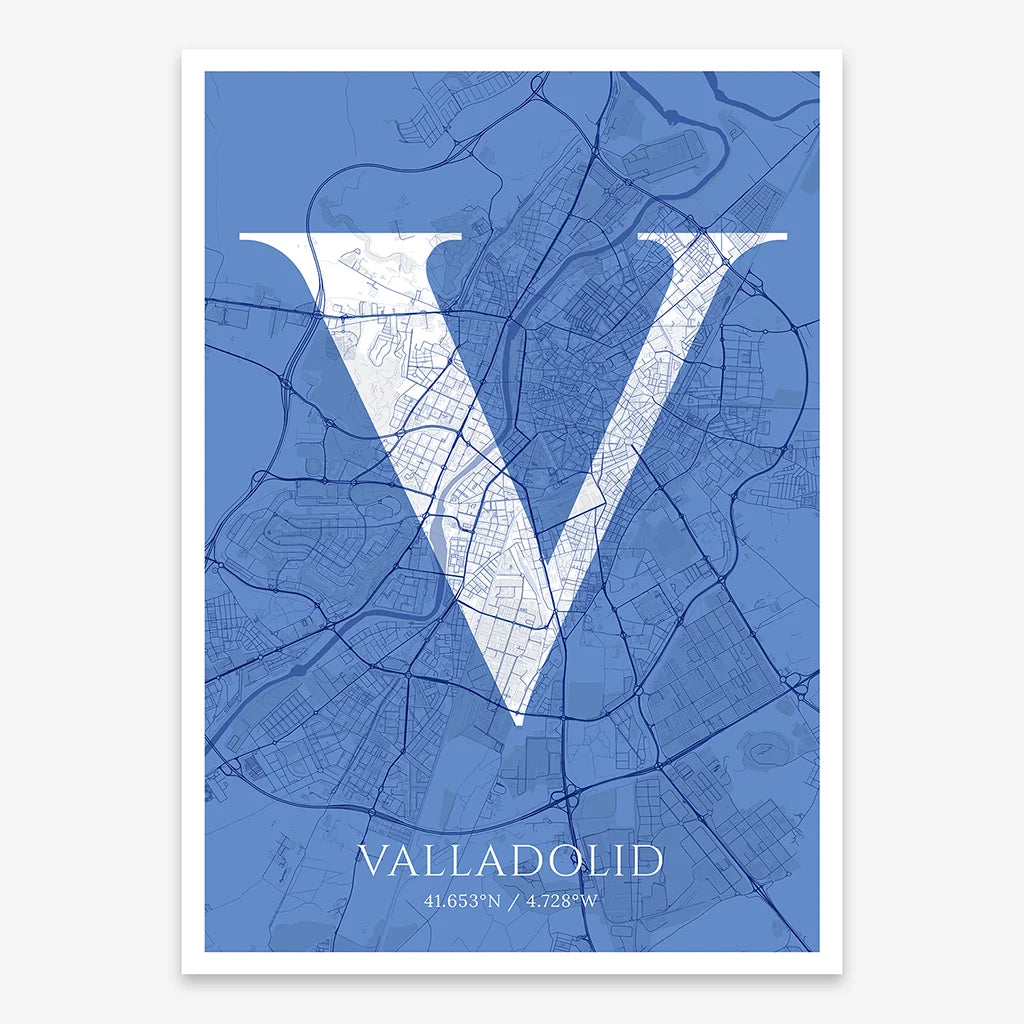Decorative map of Valladolid composed with letters in serif font printed on navy blue and white