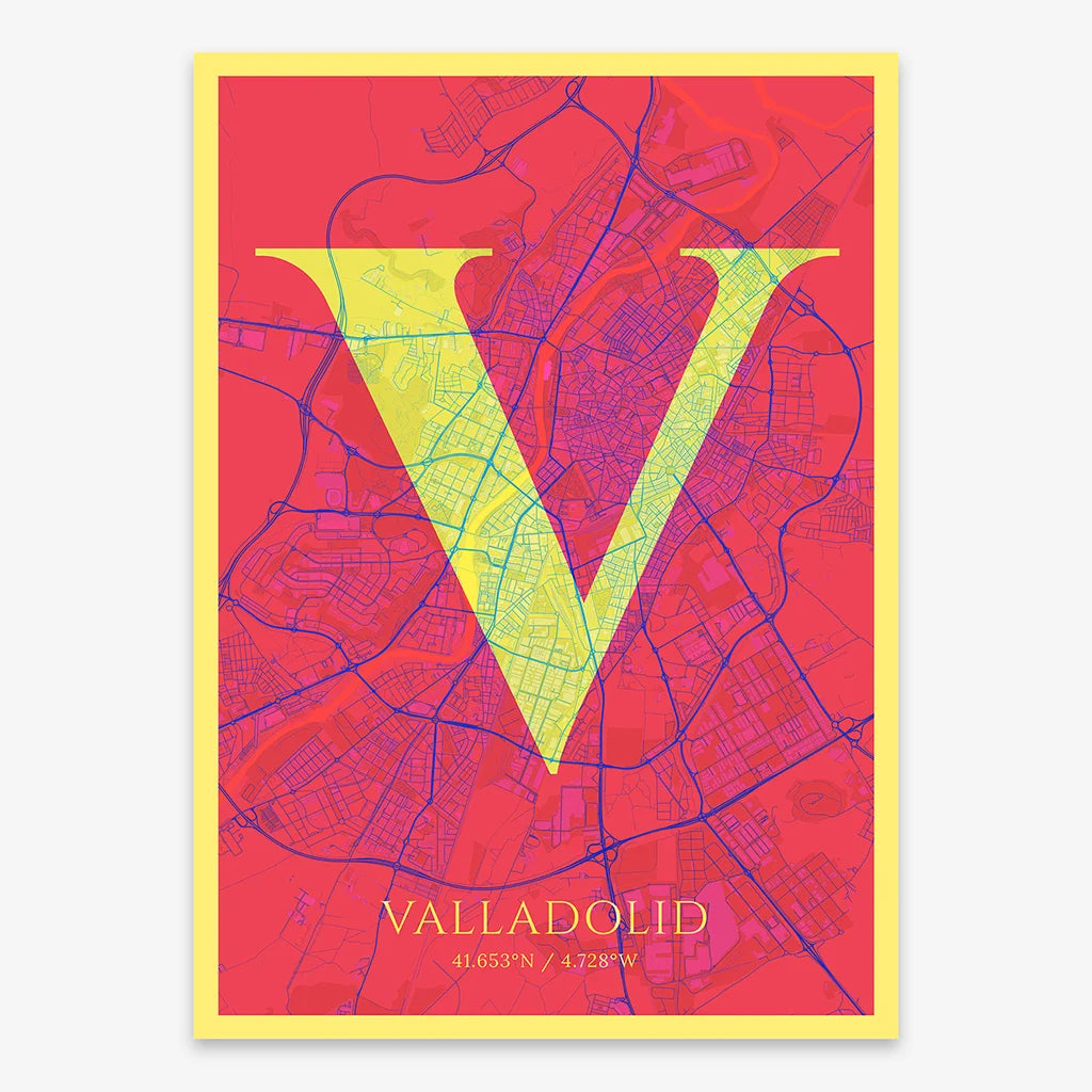 Decorative map of Valladolid composed with letters in serif font printed on yellow and fuchsia
