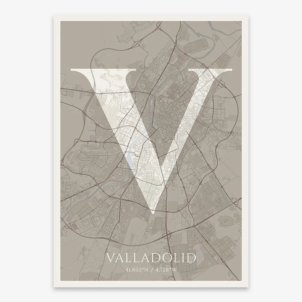 Decorative map of Valladolid composed with letters in serif font printed on light brown and an off-white background