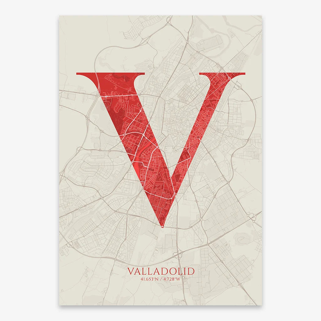 Decorative map of Valladolid composed with letters in serif font printed on red and an off-white background