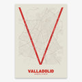 Poster of Valladolid composed with letters in extra light font printed on red and an off-white background