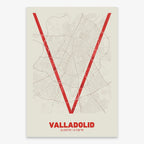 Poster of Valladolid composed with letters in extra light font printed on red and an off-white background