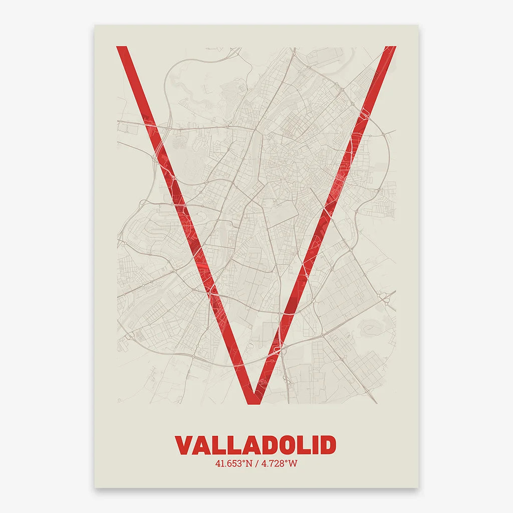 Poster of Valladolid composed with letters in extra light font printed on red and an off-white background