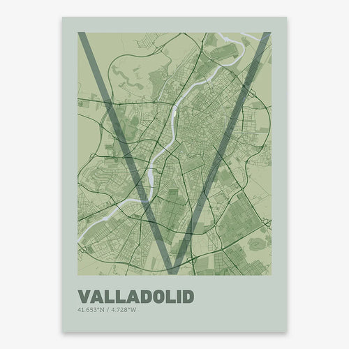 Mapa de Valladolid en el diseño la Ultrafina, una estética minimalista que combina cartografía urbana con letras modernas, finas y elegantes diseñado en dos tonos de verde