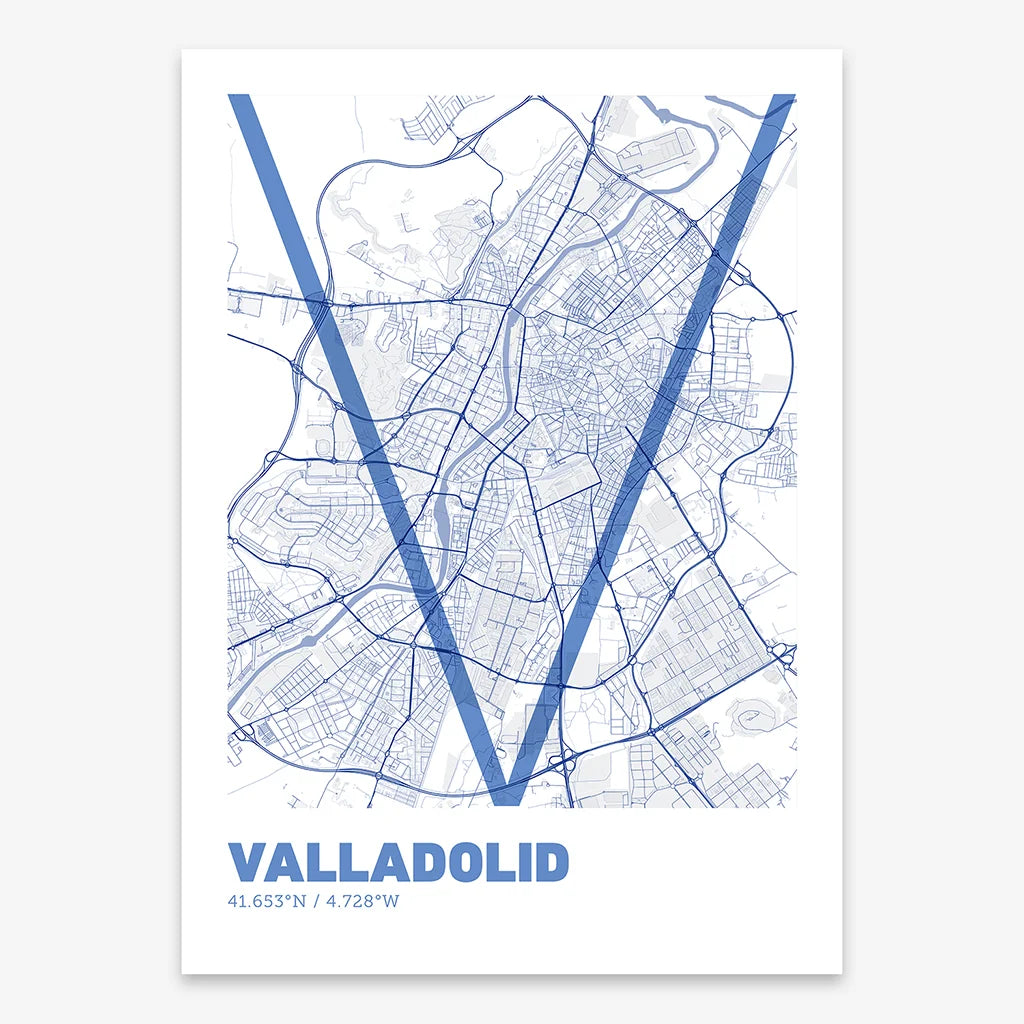 Poster of Valladolid composed with letters in extra light font printed on navy blue and white