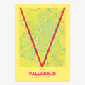 Mapa de Valladolid en el diseño la Ultrafina, una estética minimalista que combina cartografía urbana con letras modernas, finas y elegantes diseñado en amarillo y fucsia