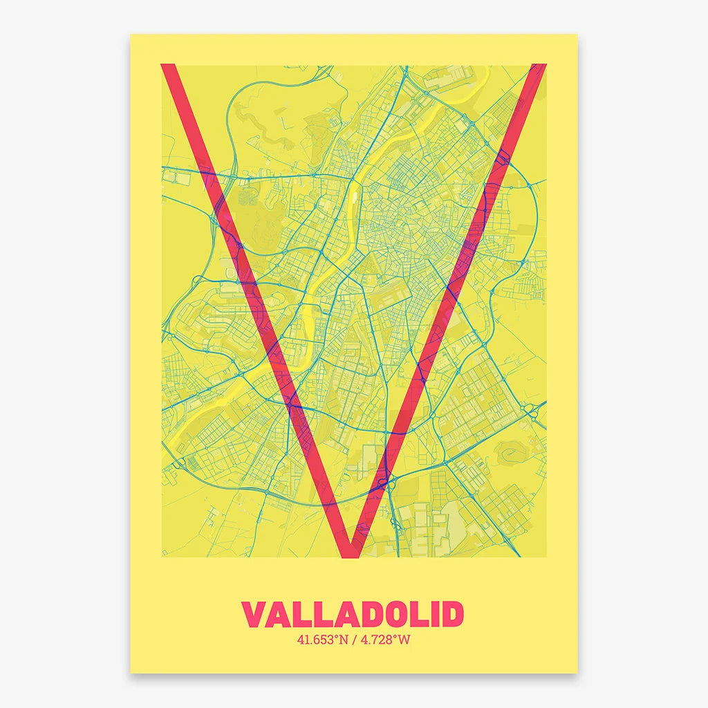 Poster of Valladolid composed with letters in extra light font printed on yellow and fuchsia