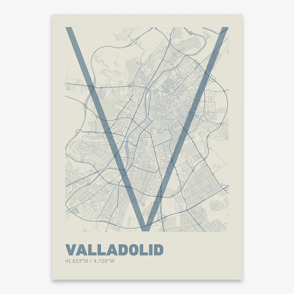 Poster of Valladolid composed with letters in extra light font printed on bluish gray and an off-white background