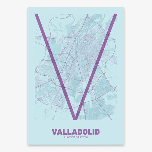 Mapa de Valladolid en el diseño la Ultrafina, una estética minimalista que combina cartografía urbana con letras modernas, finas y elegantes diseñado en púrpura y azul claro