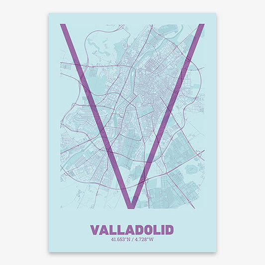 Poster of Valladolid composed with letters in extra light font printed on purple and light blue